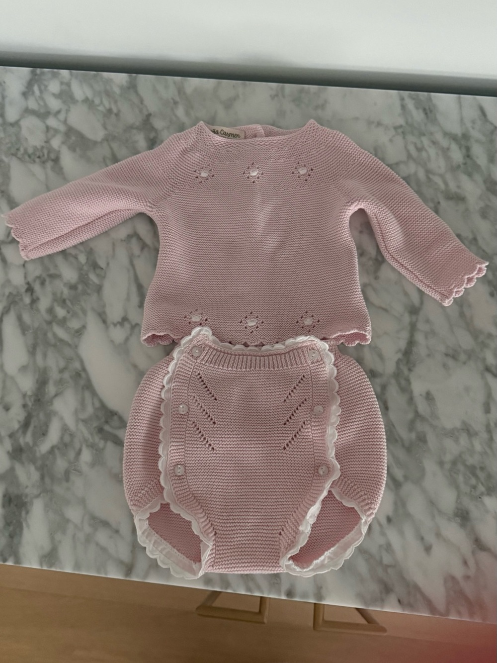 Doña Carmen Hand-Knit Pink Baby Top & Diaper Cover Set